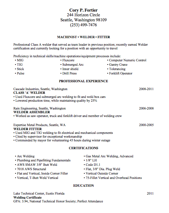 Welding Resume Sample