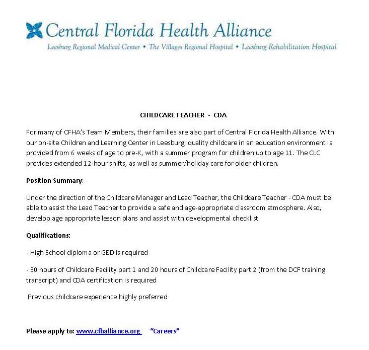 CFHA Hiring Childcare Teacher