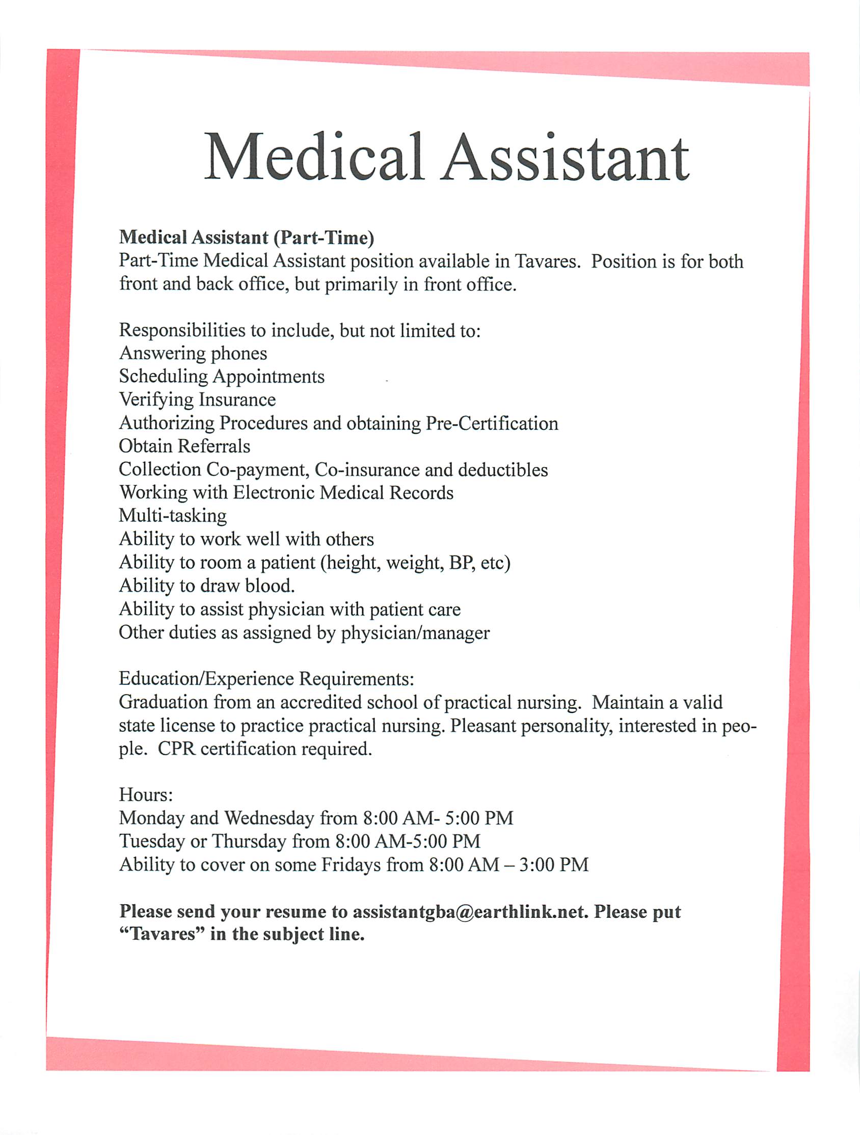 Medical Office Tavares Hiring Med Asst