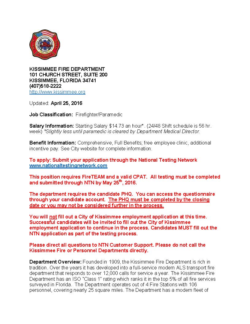 Kissimmee Fire Department Hiring FF/Medic