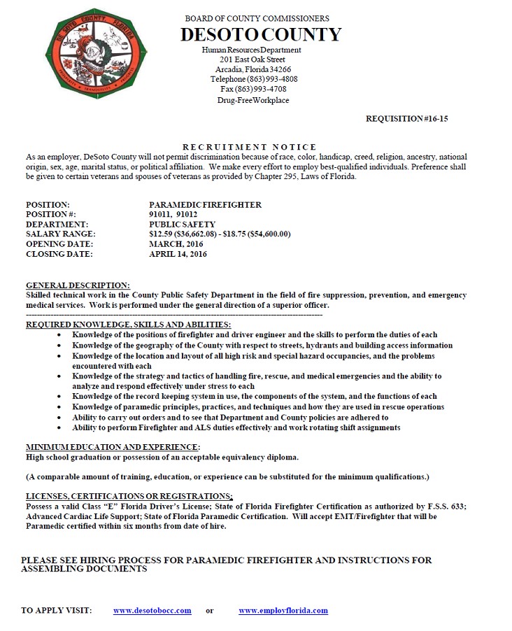 DeSoto County Hiring  Paramedic FF