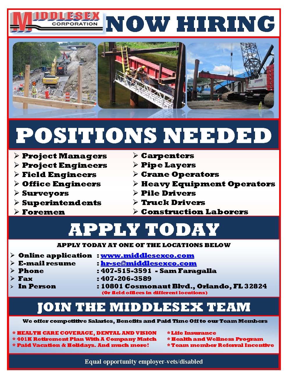 Middlesex Corp Hiring Multiple Positions