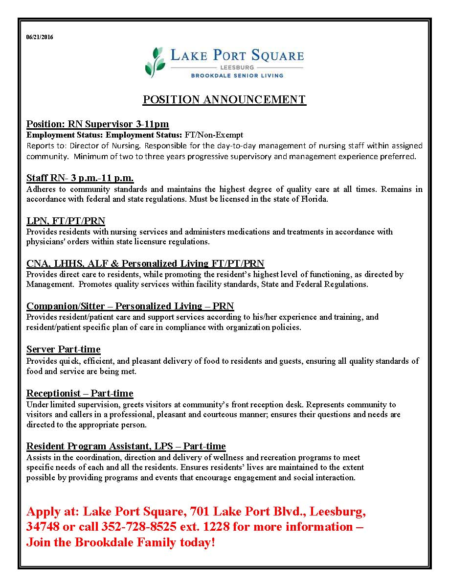 Lake Port Square Hiring