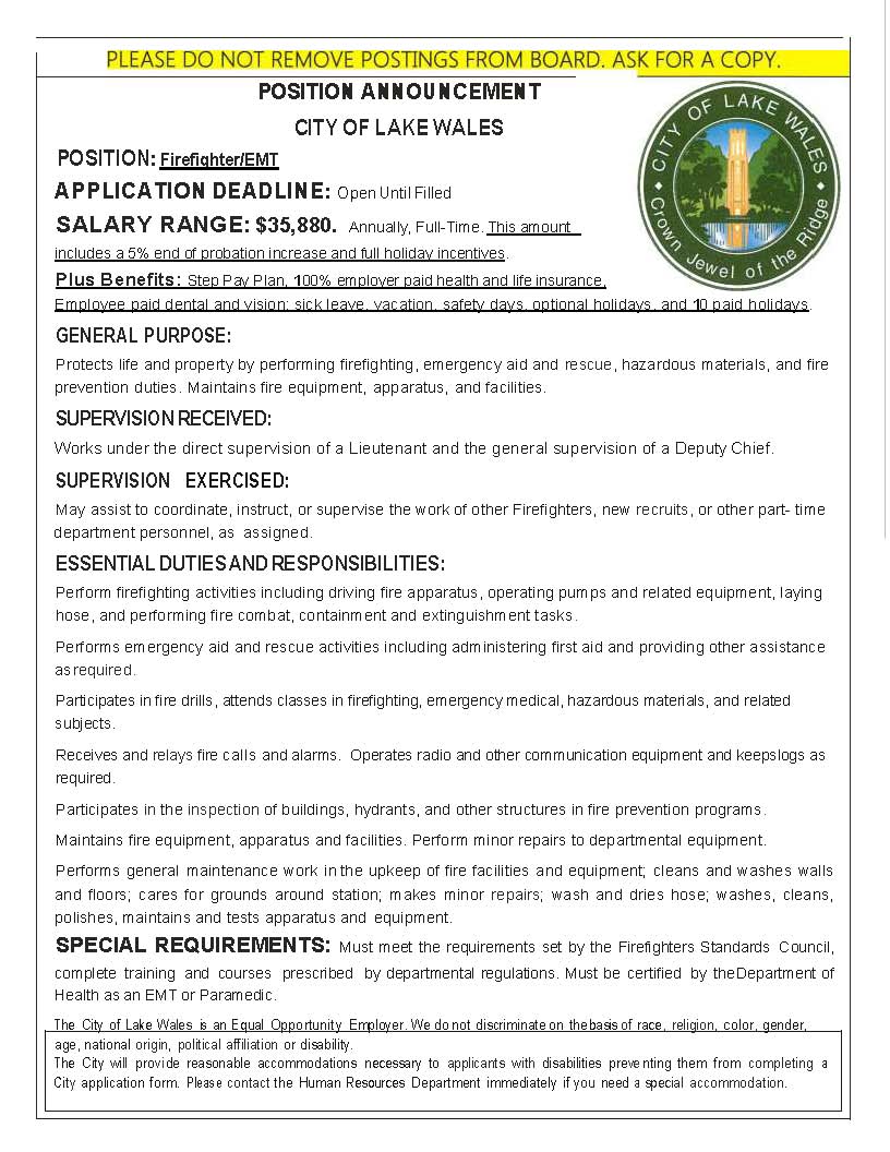 City of Lake Wales Hiring FF/EMT-Paramedic