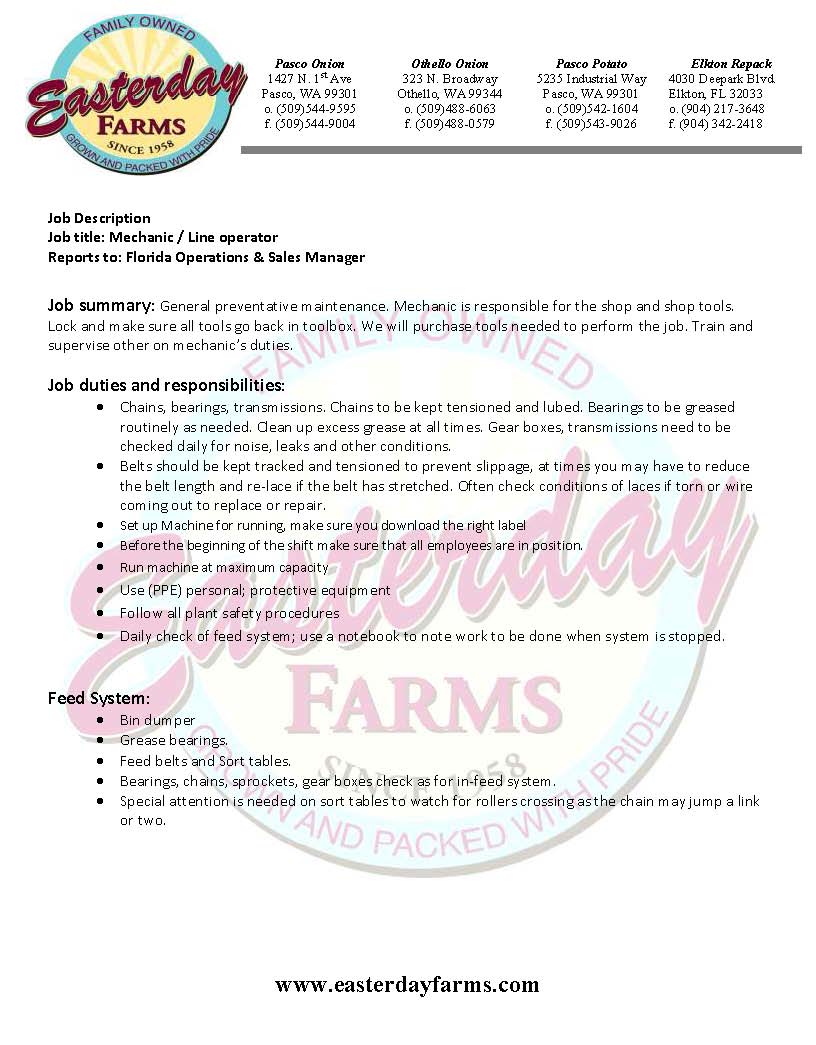 Easterday Farms Hiring Mechanic