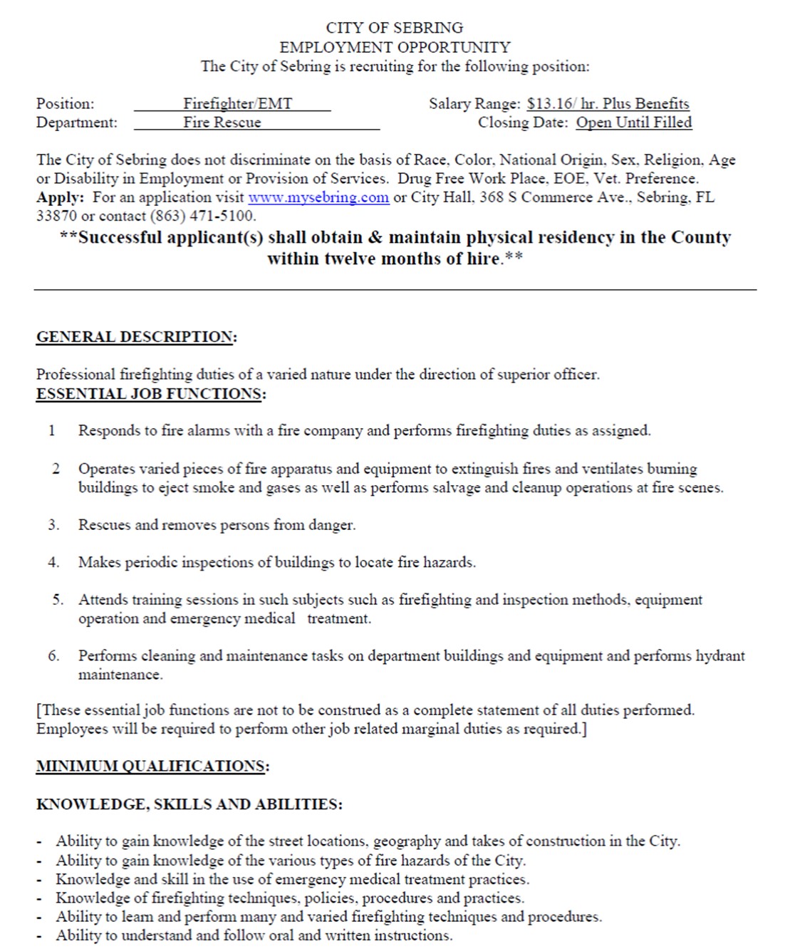 City of Sebring Hiring FF/EMT