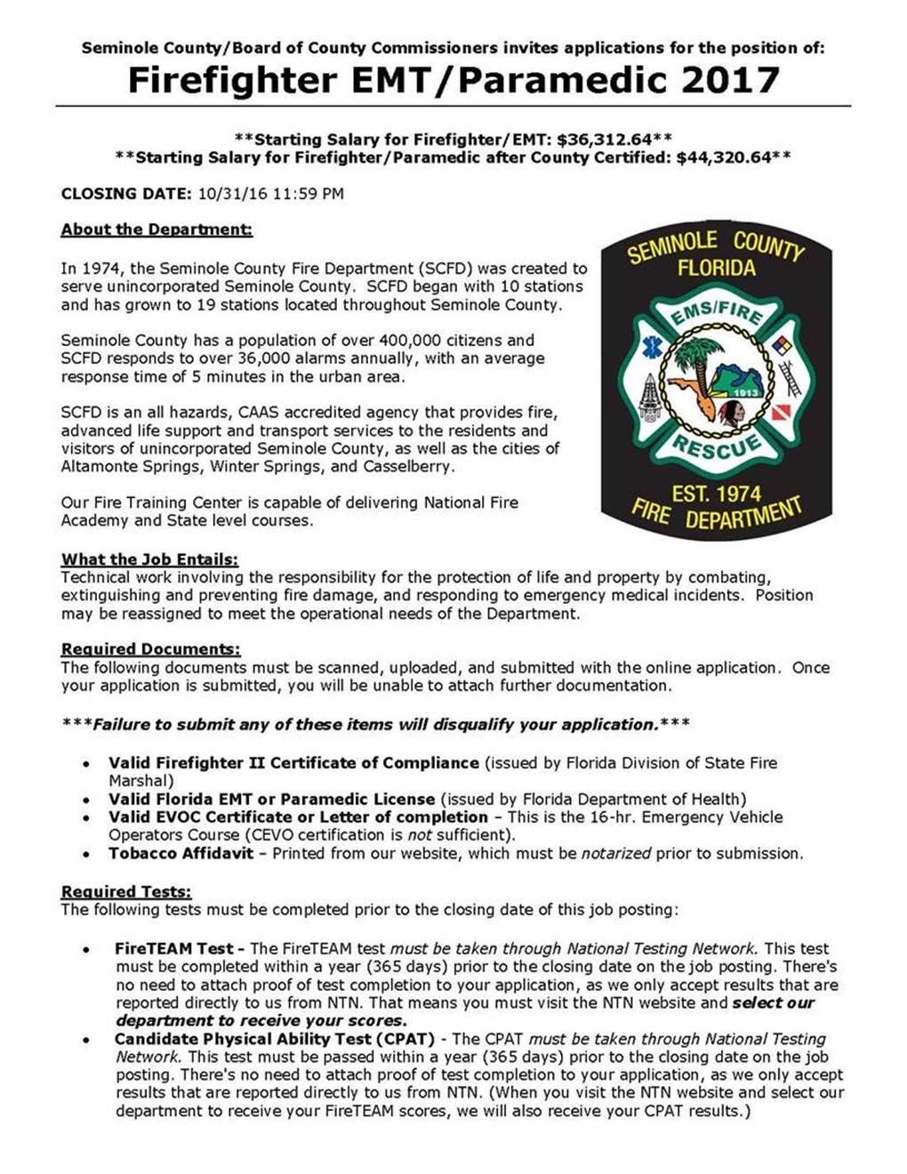 Seminole County Hiring FF/EMT – MEDIC