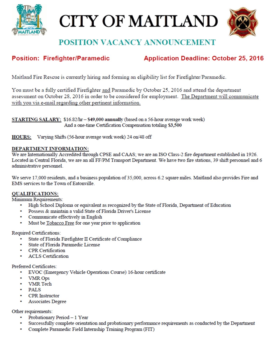 City of Maitland Hiring FF/Paramedic