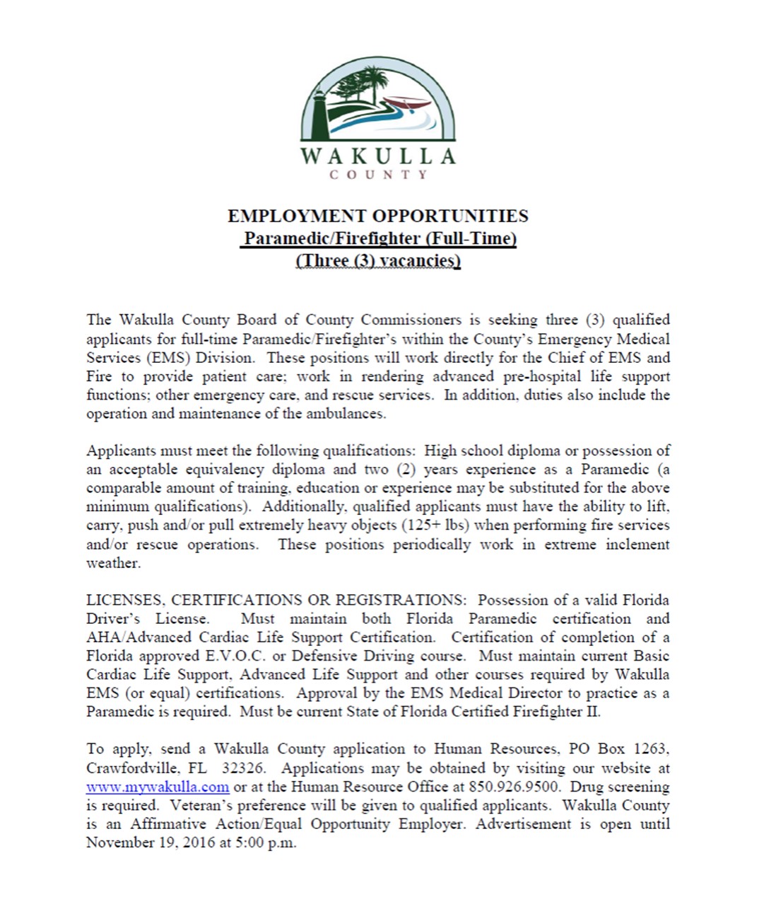 Wakulla County Hiring FF/Medics