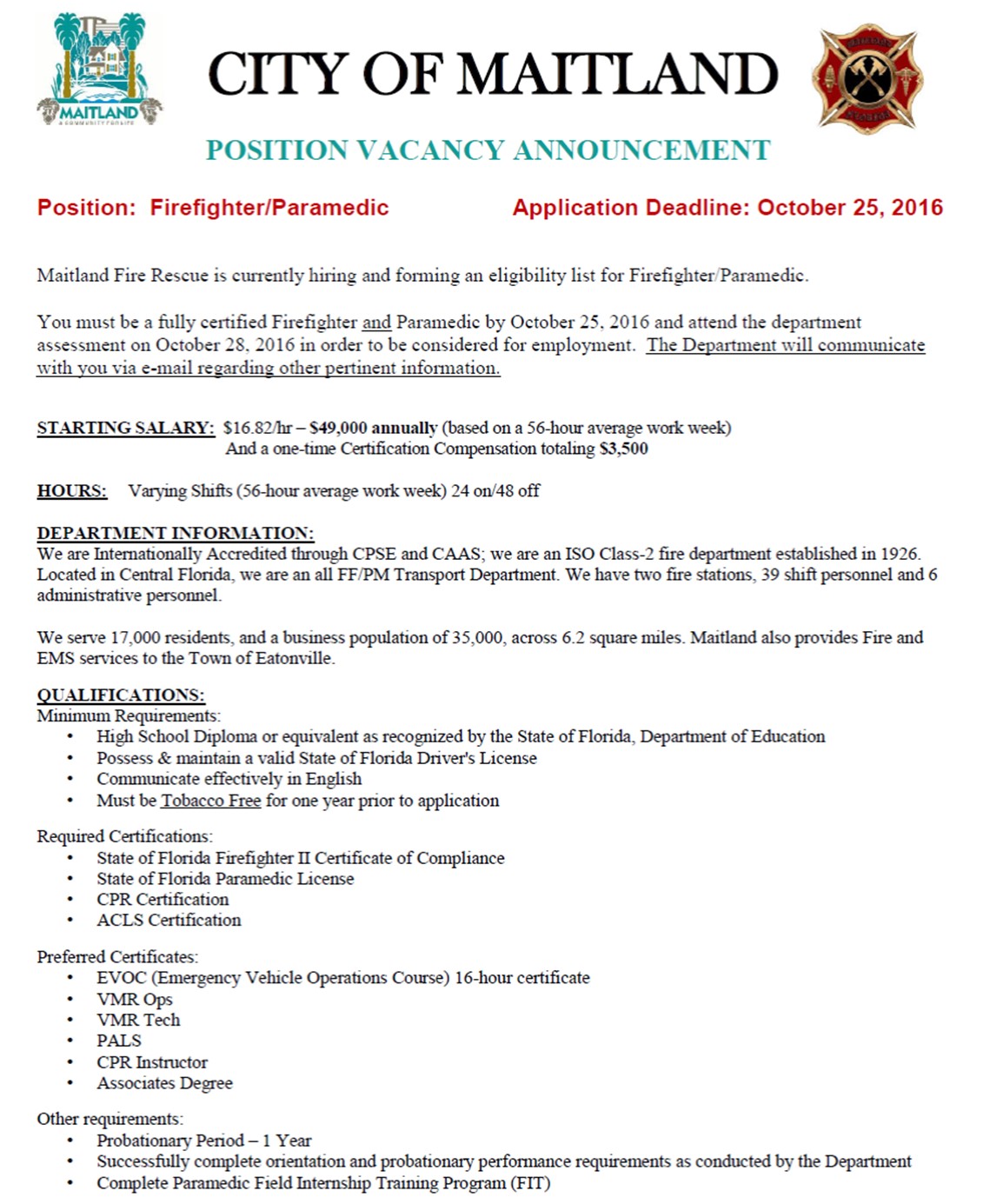 City of Maitland Hiring FF/Paramedic