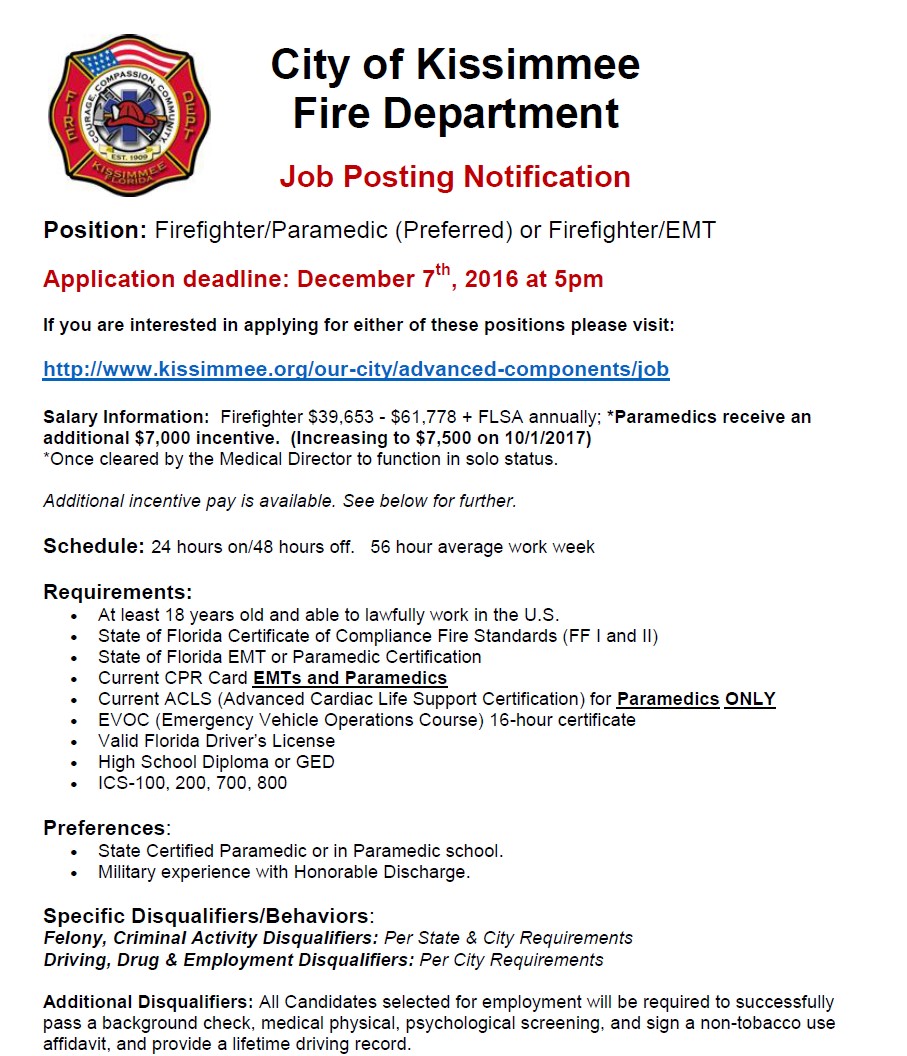 City of Kissimmee Hiring FF/Paramedic-EMT