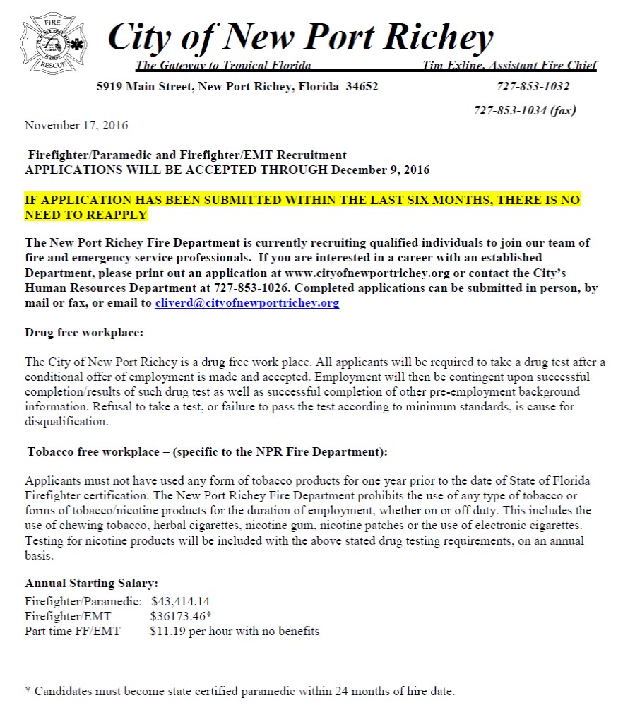 City of New Port Richey Hiring FF