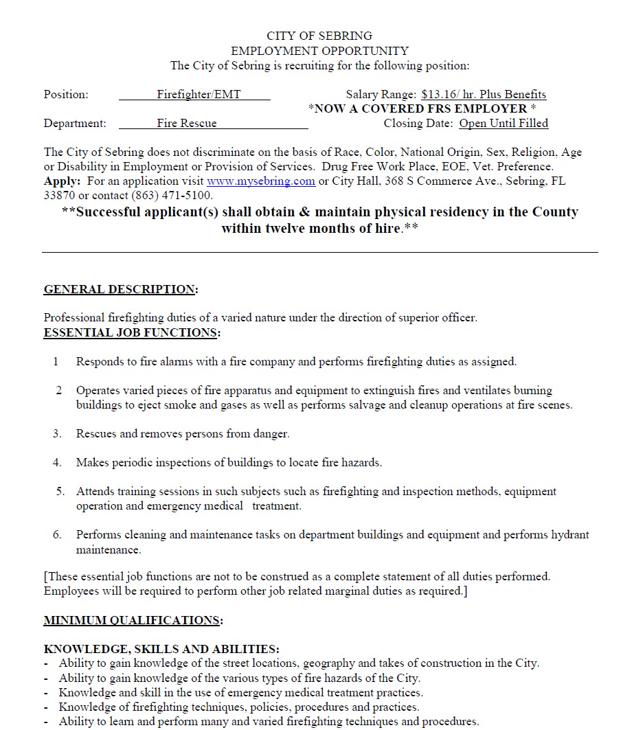 City of Sebring Hiring FF/EMT