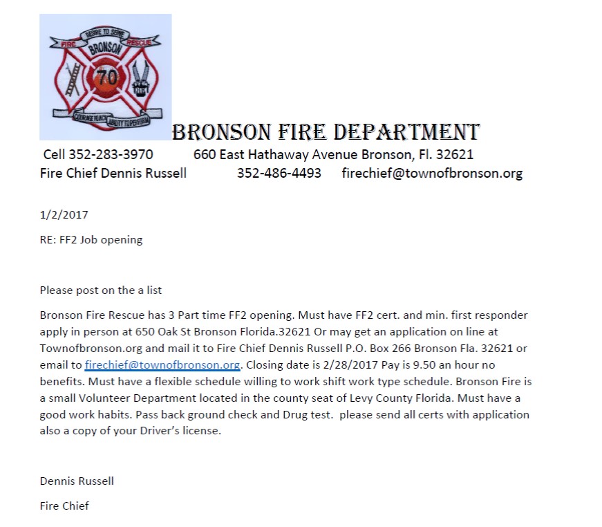 Bronson FD Hiring FF2