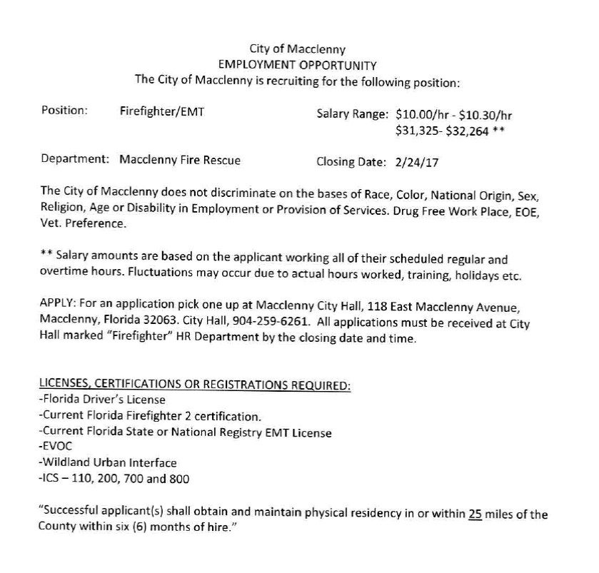 City of Macclenny Hiring Firefighter/EMT