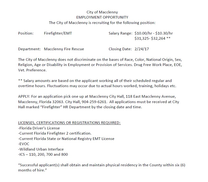 City of Macclenny Hiring FF/EMT