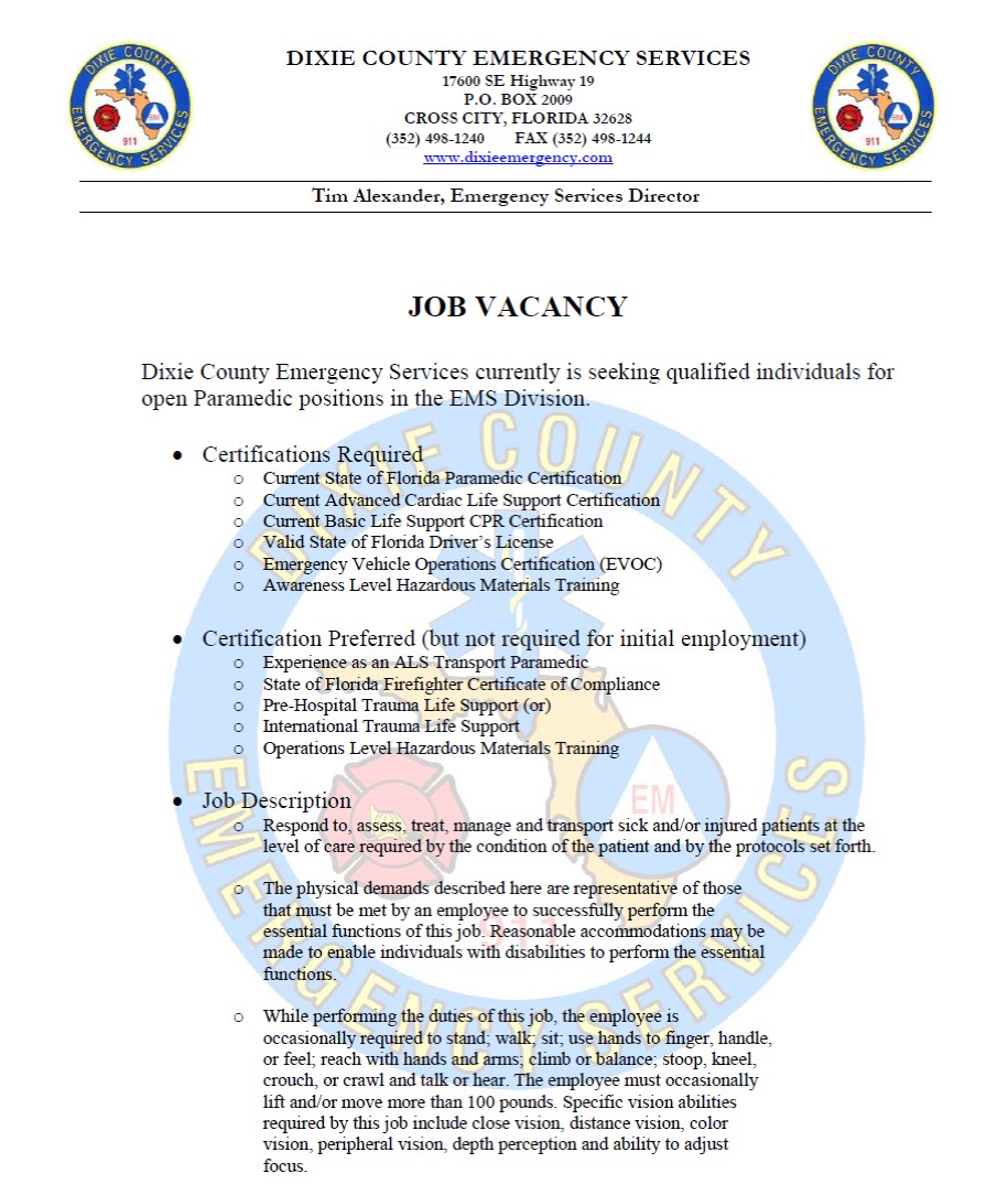 Dixie County Hiring Paramedics