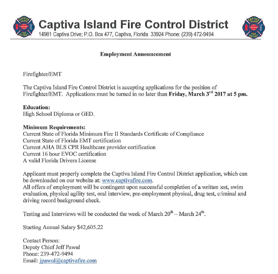 Captiva Island Fire Hiring FF/EMT