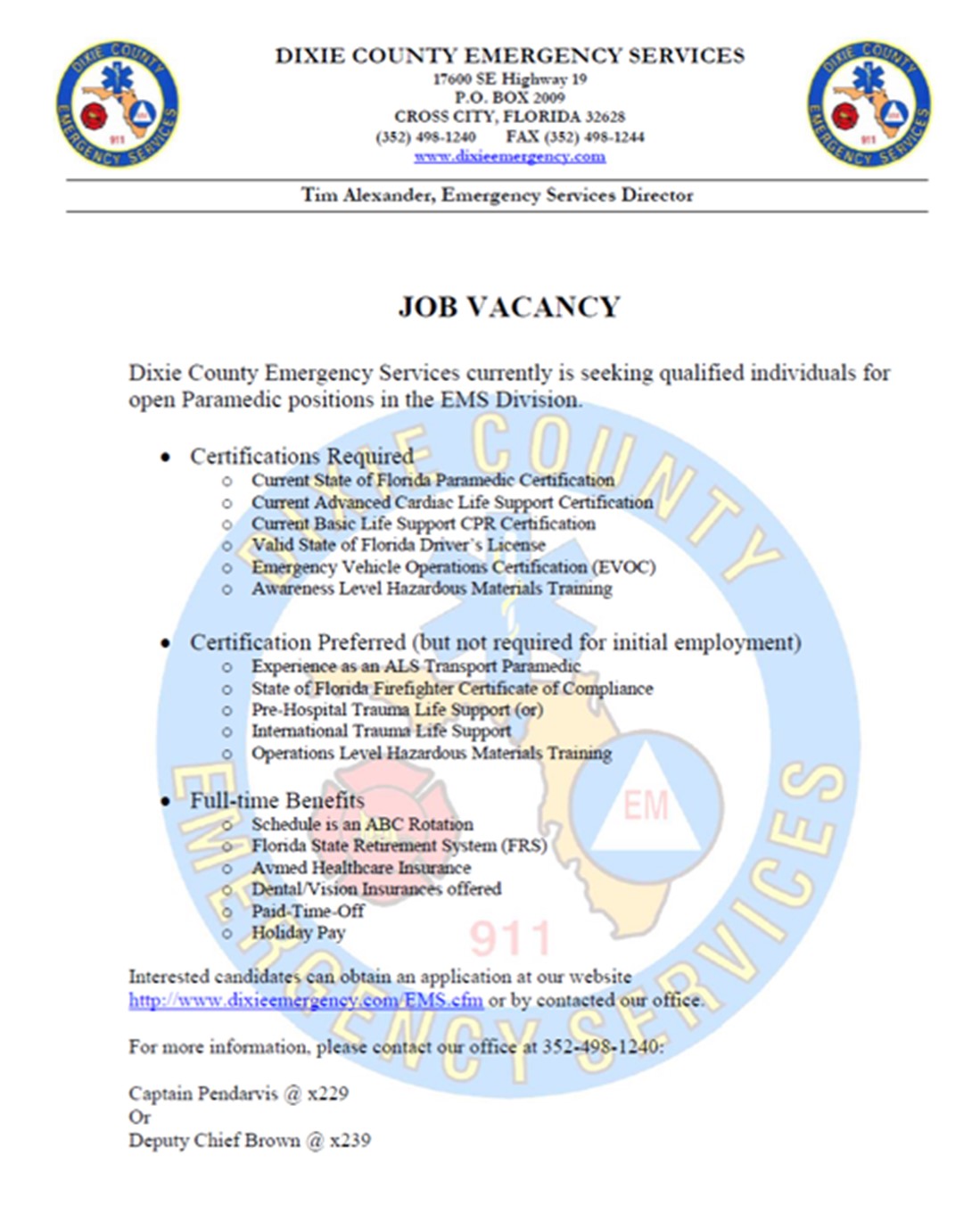 Dixie County Hiring Paramedic