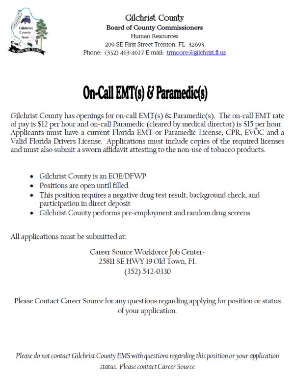 Gilchrist County Hiring EMTs & Paramedics