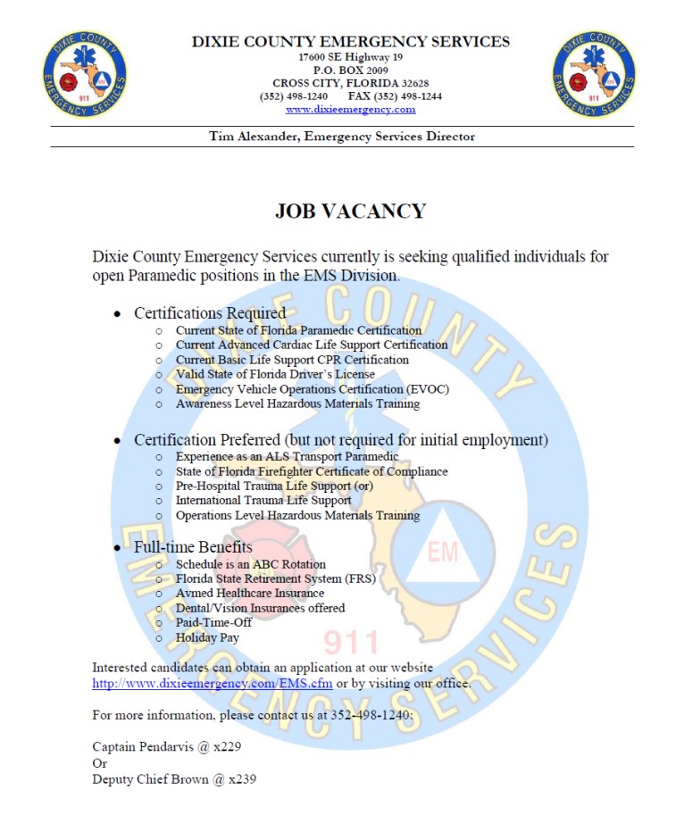 Dixie County Hiring Paramedic