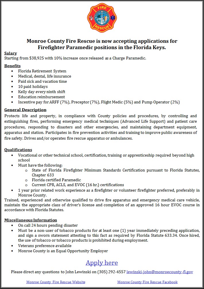 Monroe County Fire Hiring FF/Paramedic