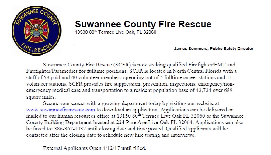 Suwannee County Fire Rescue Hiring