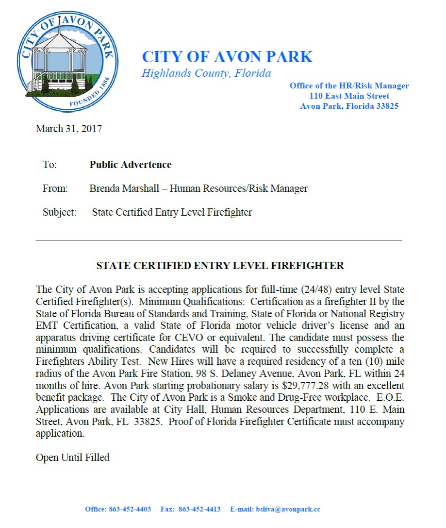 City of Avon Park Hiring Firefighter