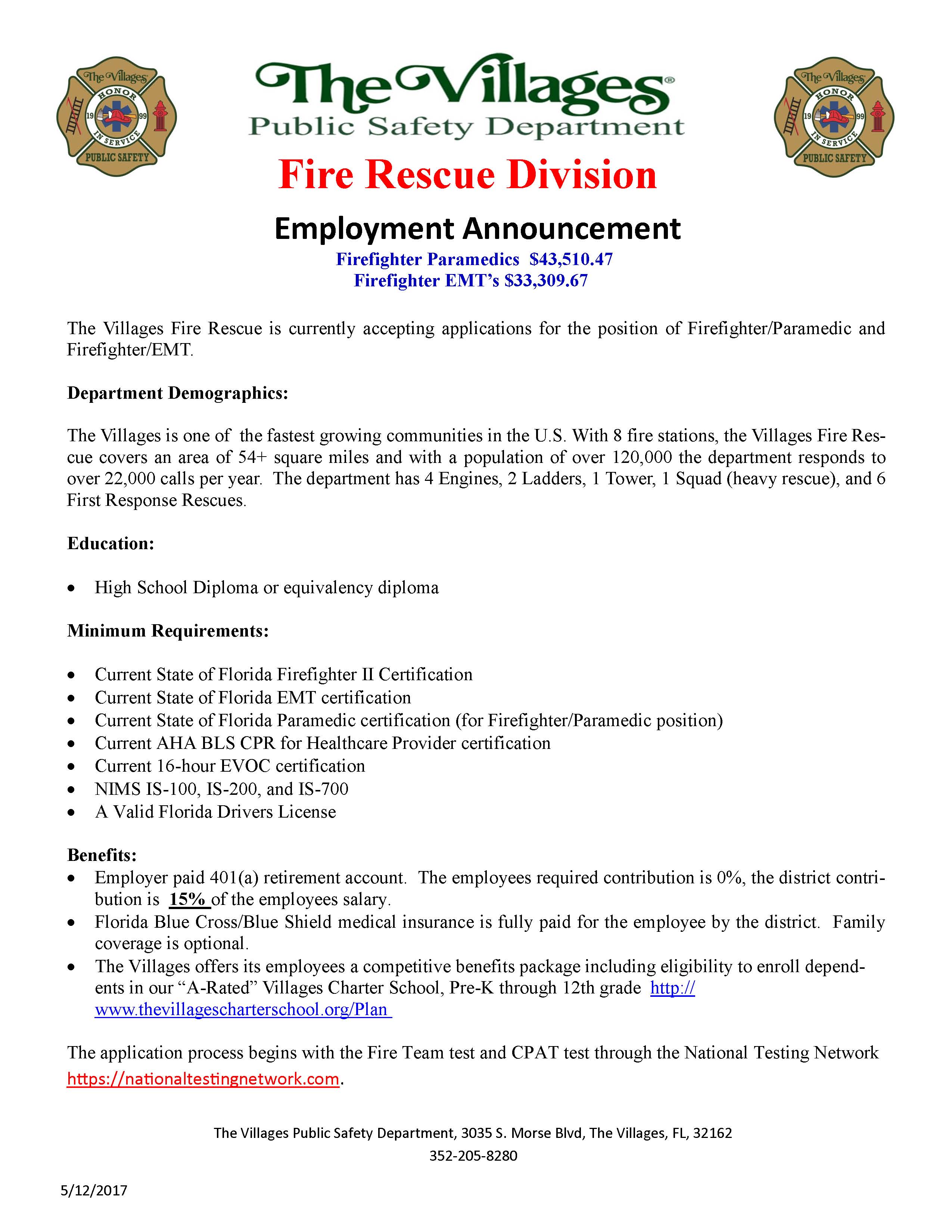 The Villages Fire Rescue Hiring FF/Paramedic – FF/EMT