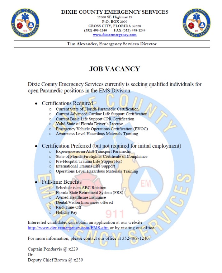 Dixie County Emergency Services Hiring Paramedics