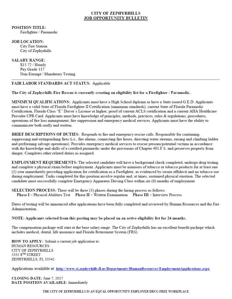 City of Zephyrhills Hiring FF/Paramedic