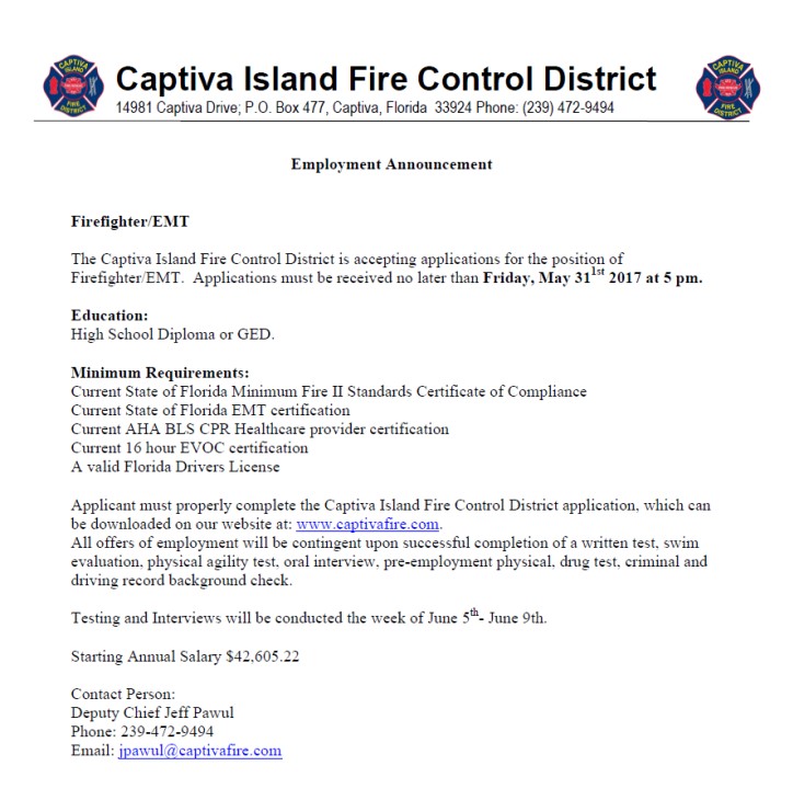 Captiva Island Fire Hiring FF/EMT