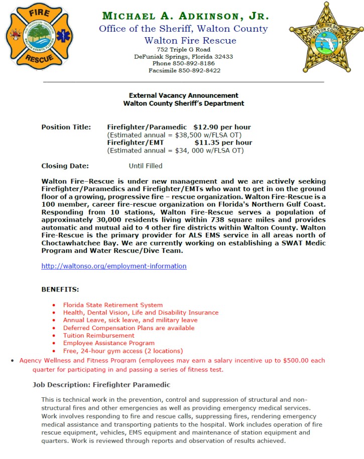 Walton Fire Rescue Hiring FF/EMT, FF/Paramedic