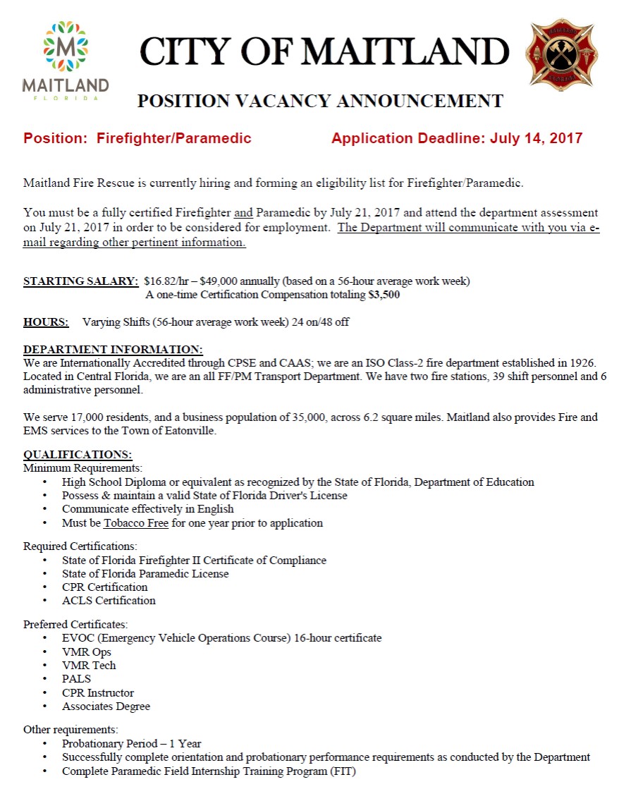 City of Maitland Hiring FF/Paramedic