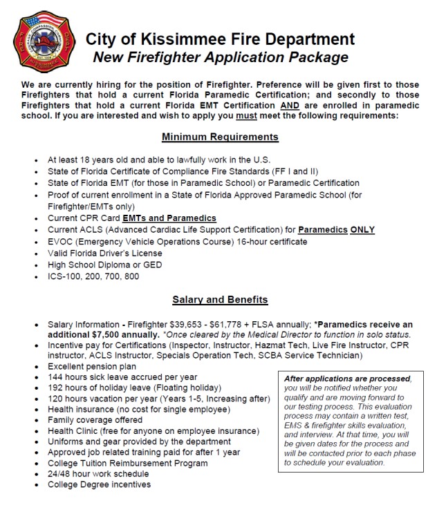 City of Kissimmee FD Hiring FF/EMT or Paramedic