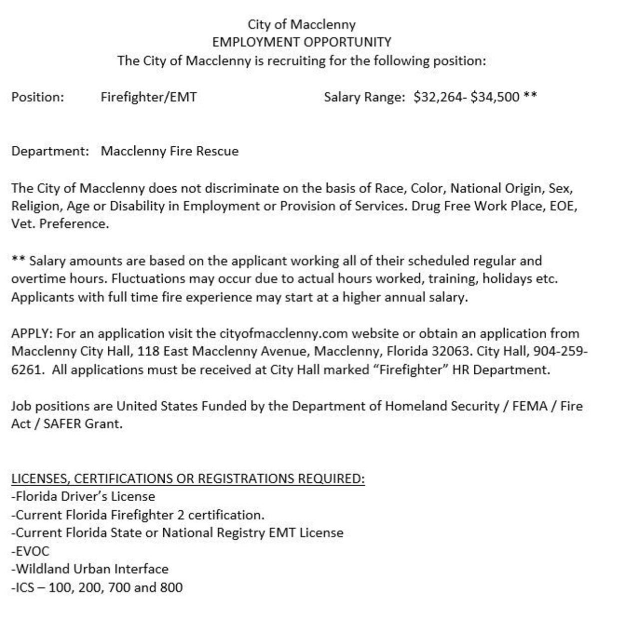 City of Macclenny Hiring FF/EMT