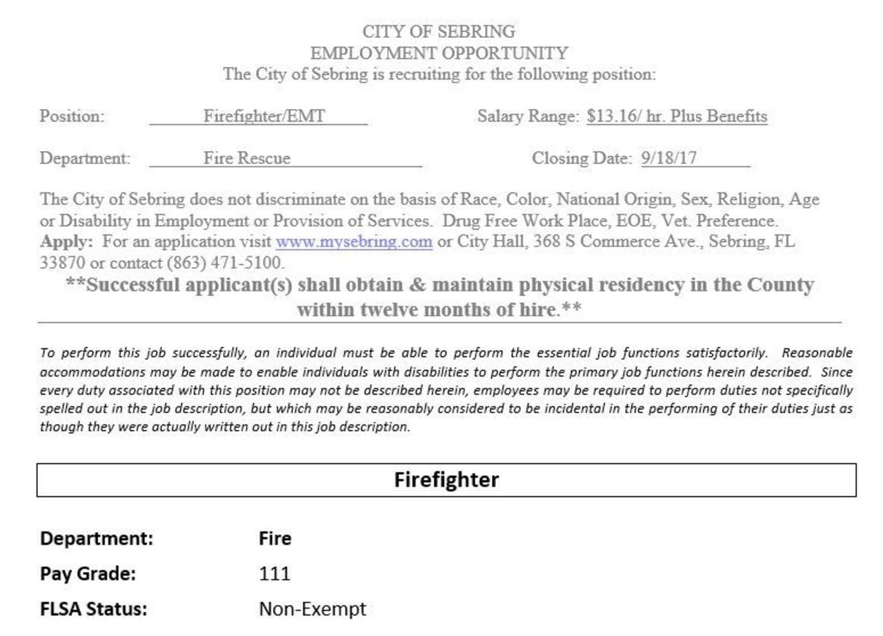 City of Sebring Hiring FF/EMT