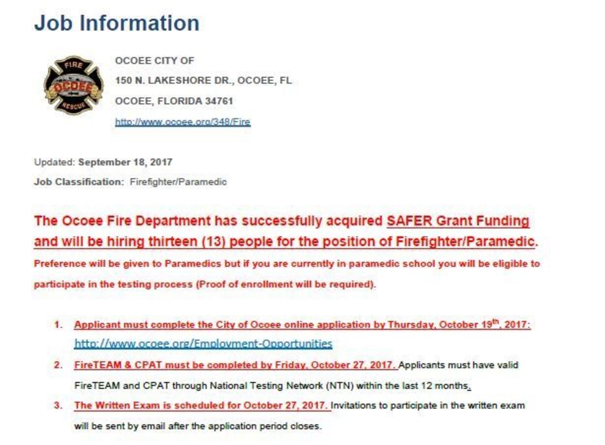 Ocoee FD Hiring Firefighter/Paramedic