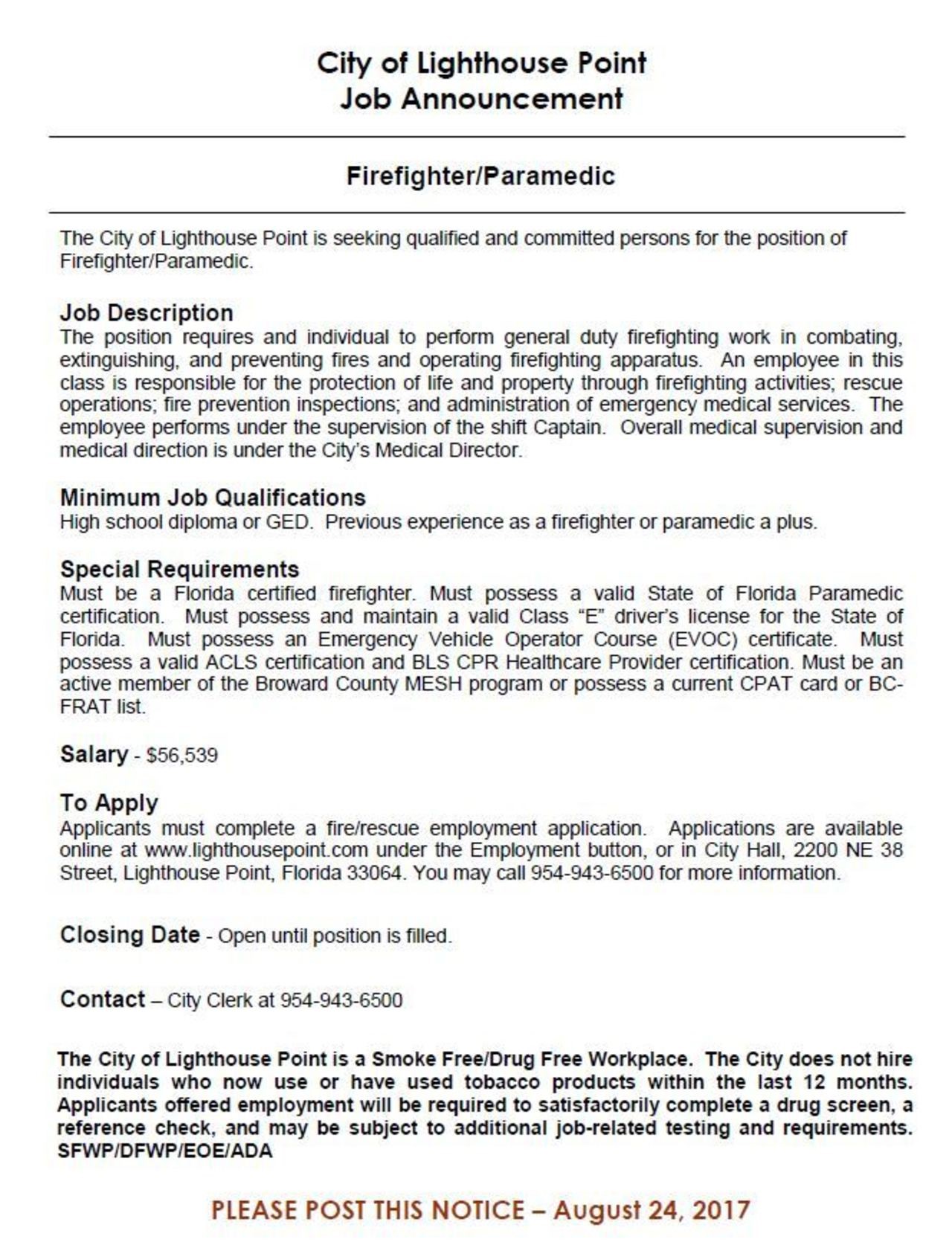 City of Lighthouse Point Hiring FF/Paramedic