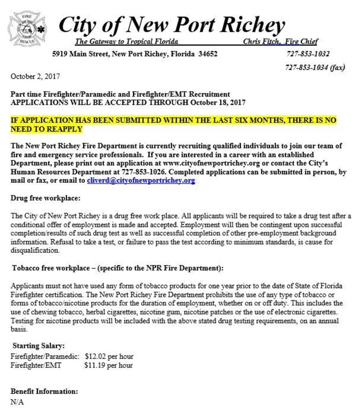 City of New Port Richey Hiring FF/EMT & FF/Paramedic