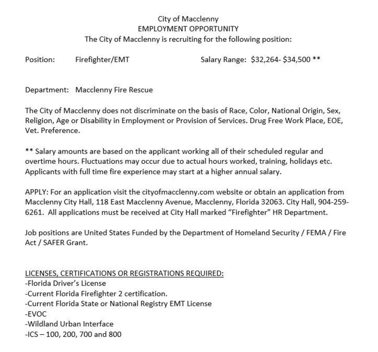 City of Macclenny Hiring FF/EMT