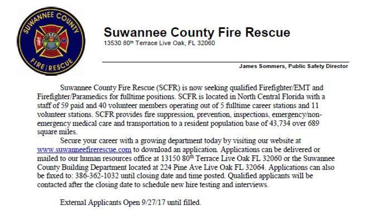 Suwannee County Fire Rescue Hiring