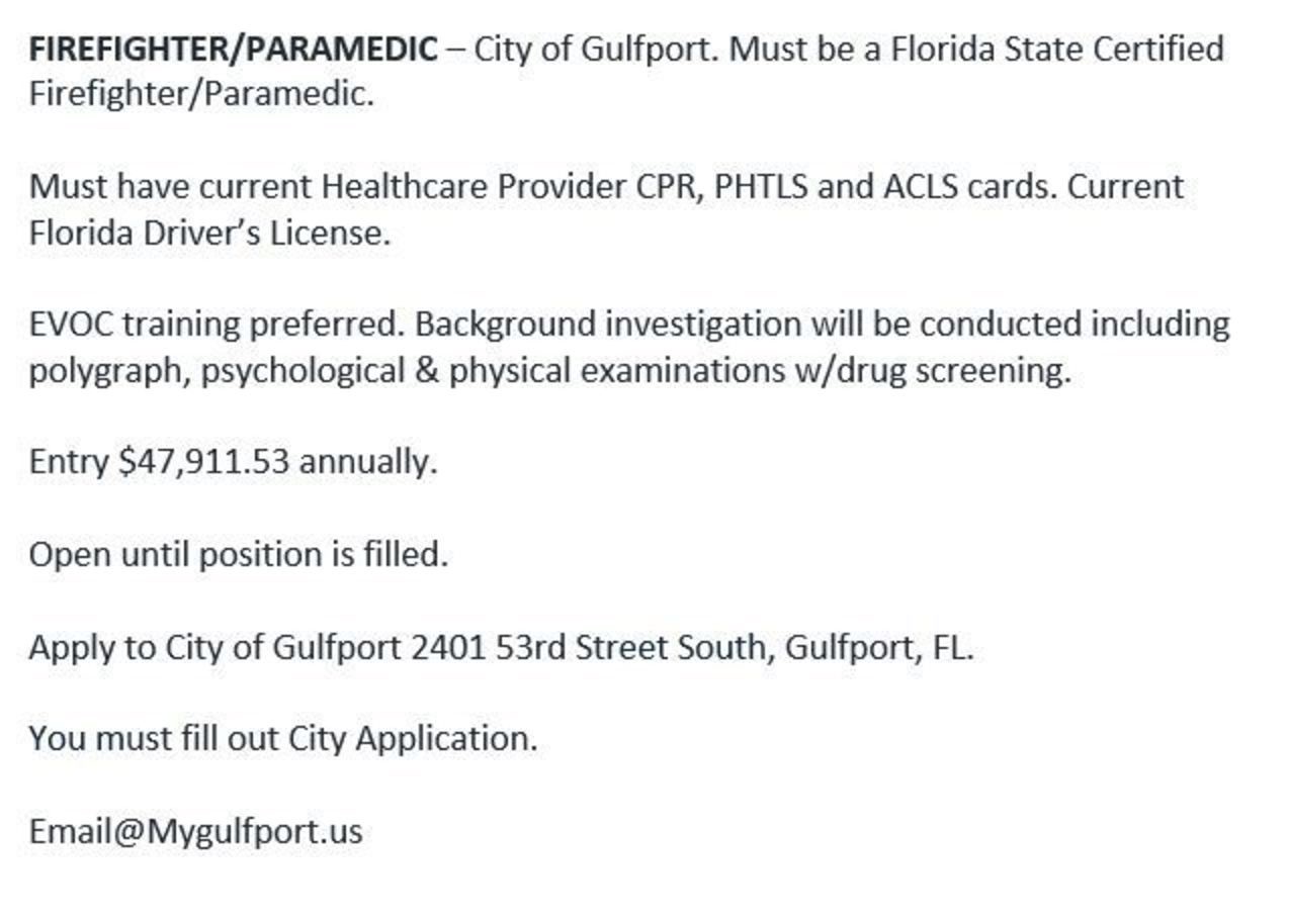 City of Gulfport Hiring FF/Paramedic