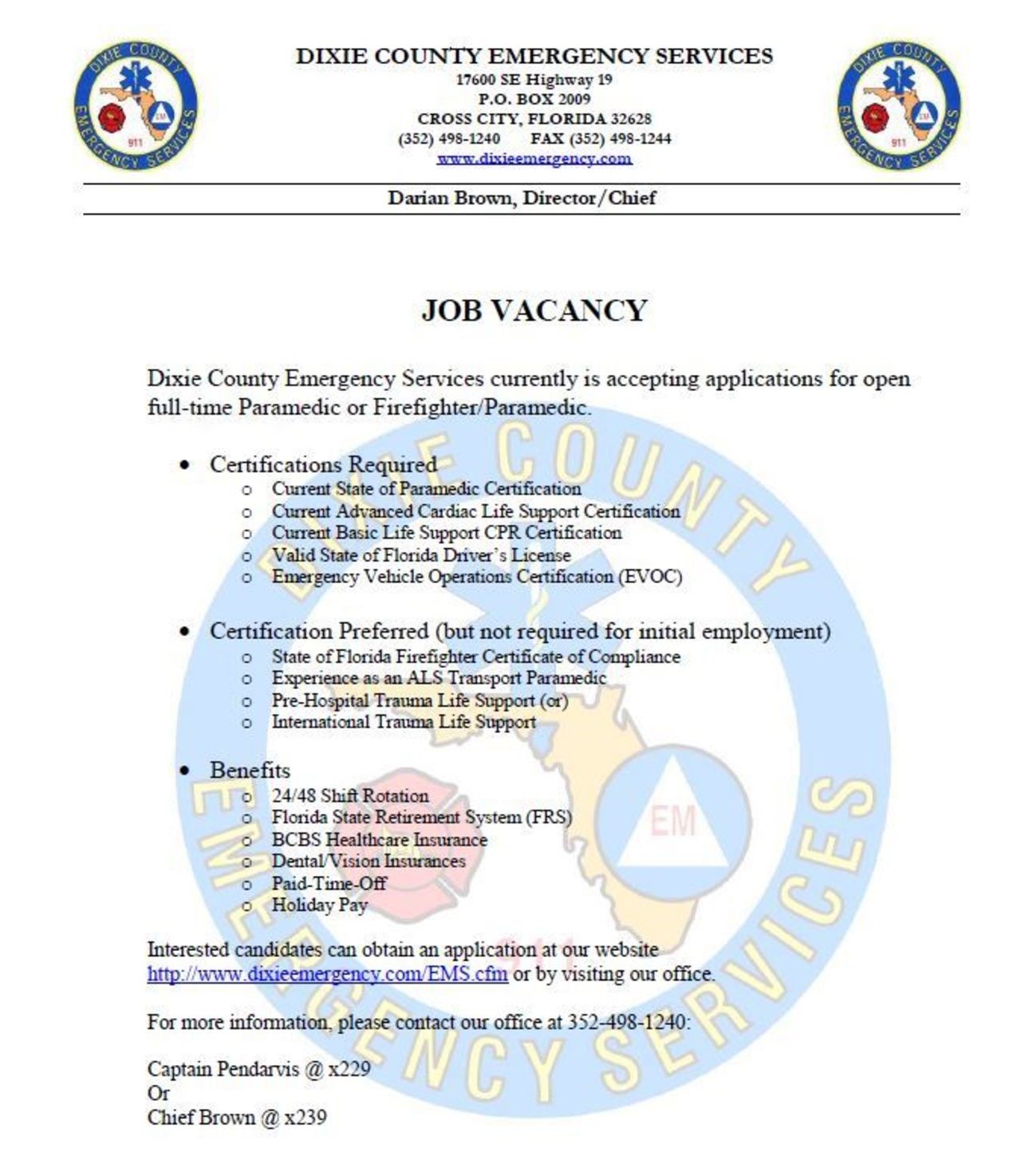 Dixie County Hiring Paramedic or FF/Paramedic