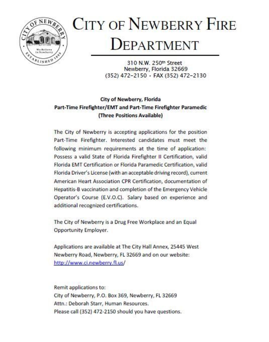 City of Newberry Fire Dept Hiring PT FF/EMT & FF/Paramedic