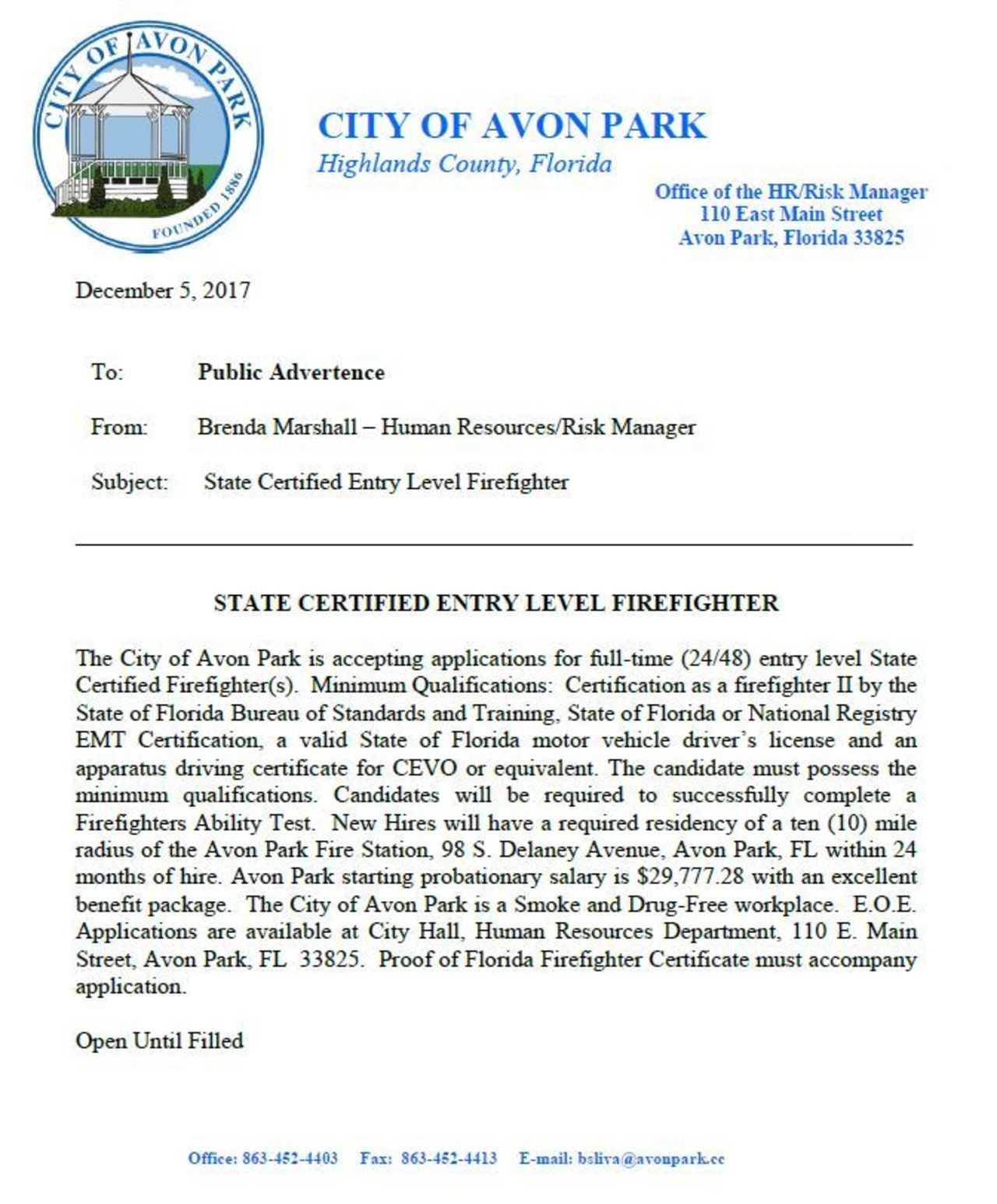 City of Avon Park Hiring FF