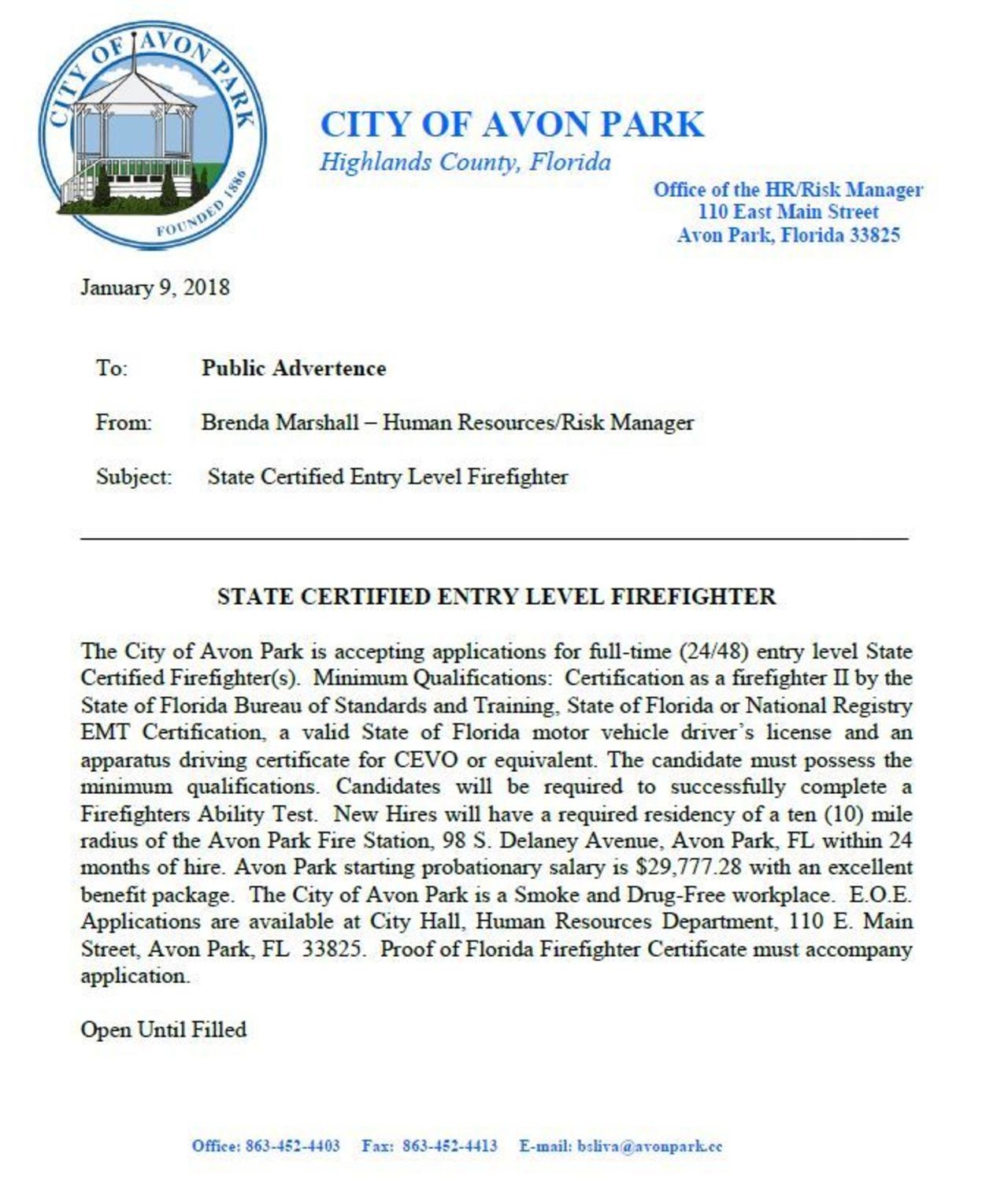 City of Avon Park Hiring FF