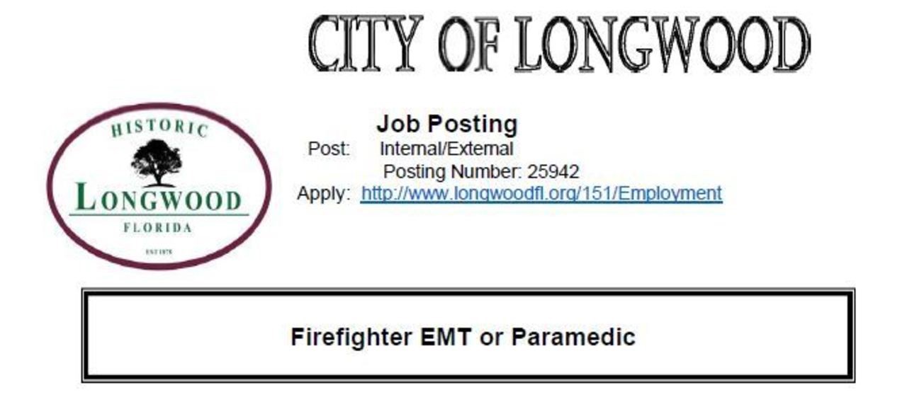 City of Longwood Hiring FF/EMT or Paramedic