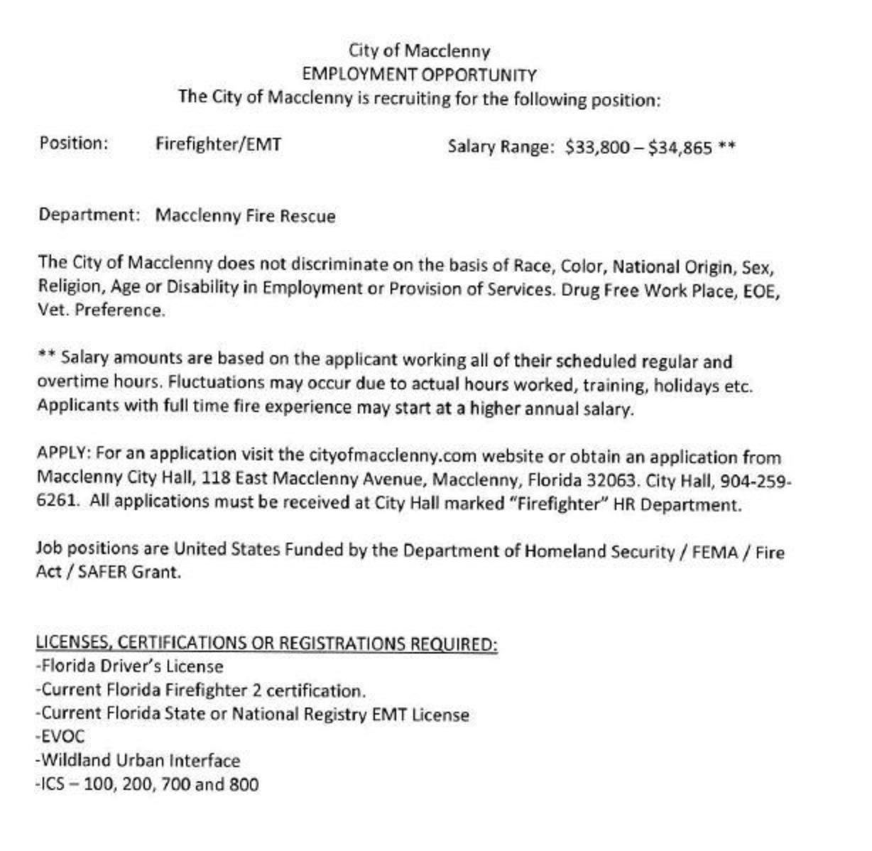 City of Macclenny Hiring FF/EMT