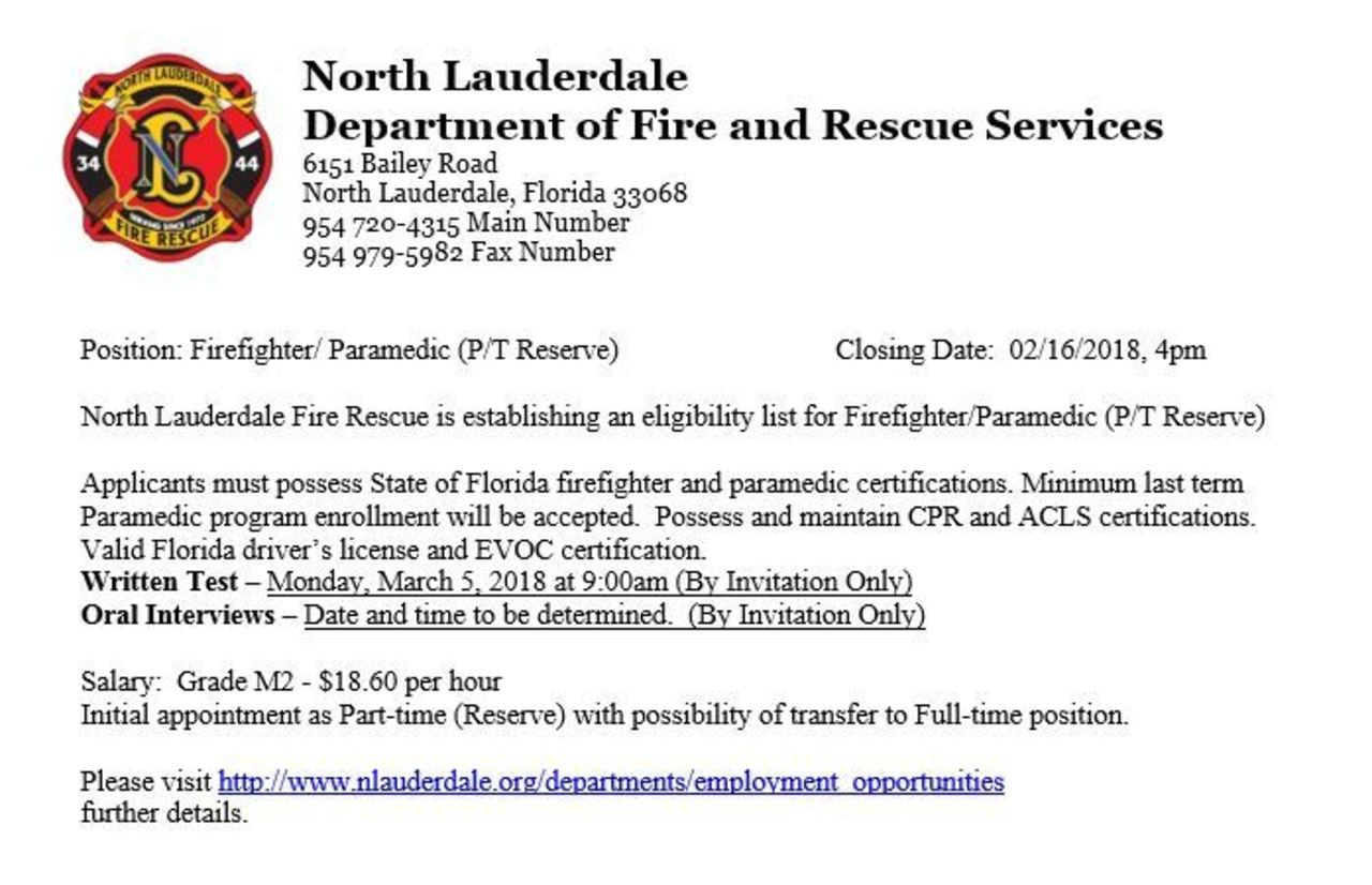 North Lauderdale Hiring FF/Paramedic